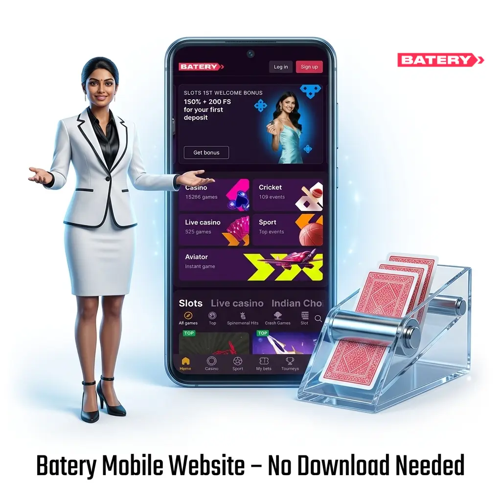 Batery mobile website interface showing live betting, casino games, and payment options on a smartphone browser