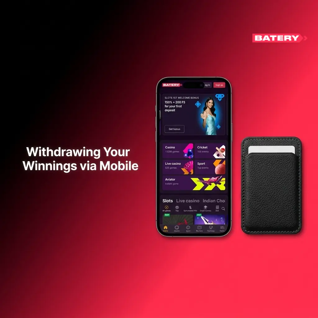 Batery mobile withdrawal steps showing account menu, payment details entry, and INR 500 minimum confirmation process