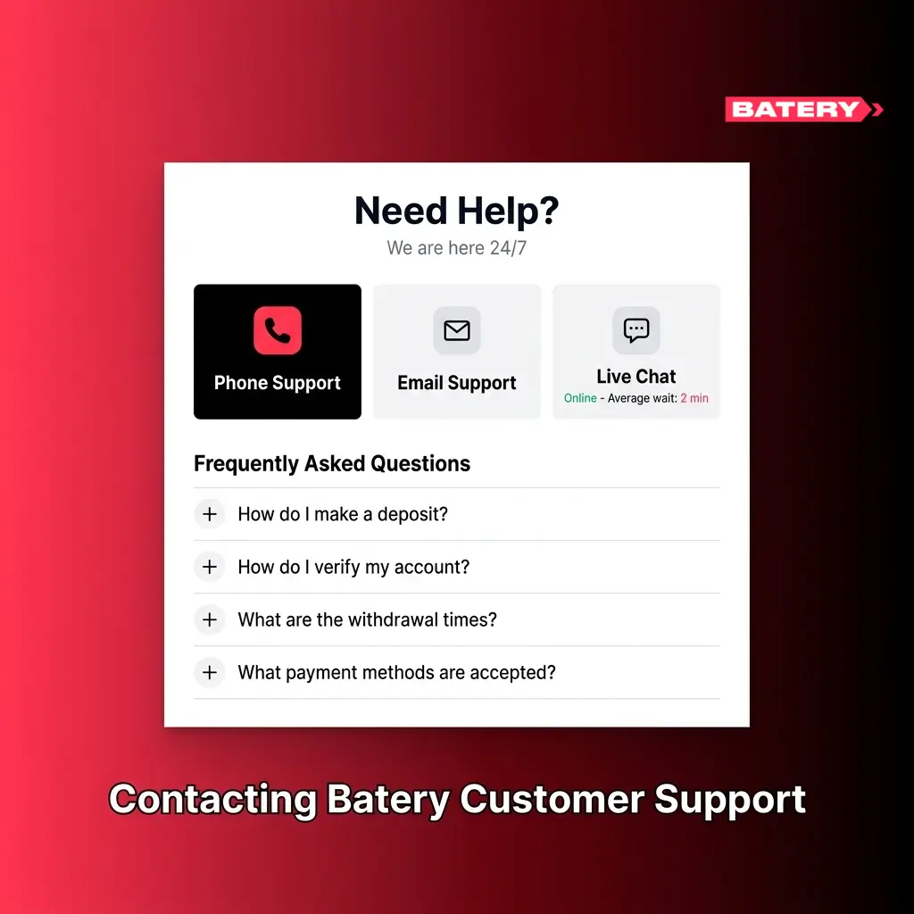 Batery customer support channels including live chat, email, and FAQ section available 24/7 for players