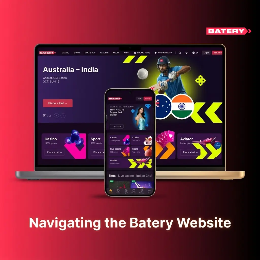 Batery website top navigation bar showing Sports, Live Betting, Casino, and account options for easy access