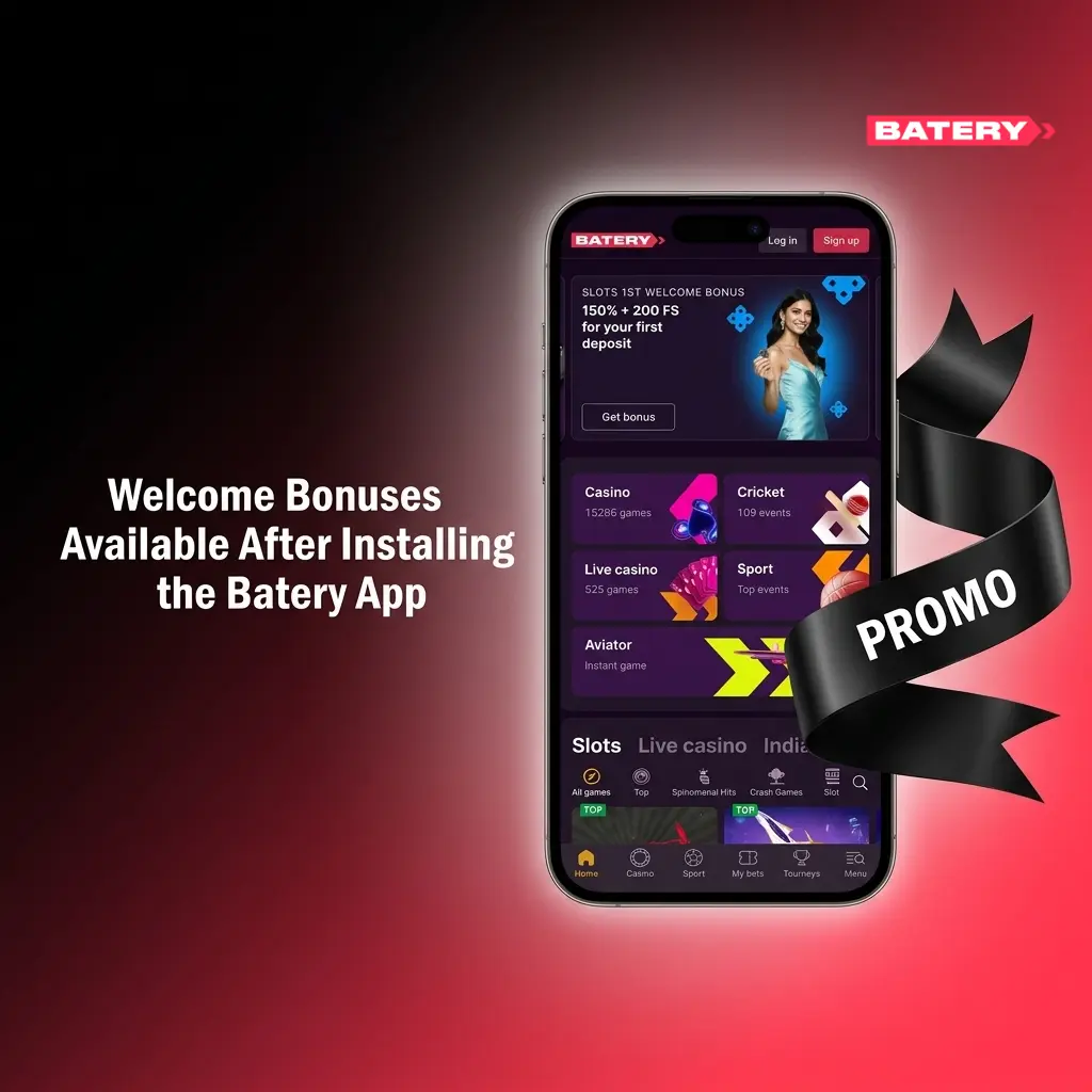 Batery App welcome bonuses including INR 1,50,000, free spins, sports, Aviator, and slots offers for Indian players