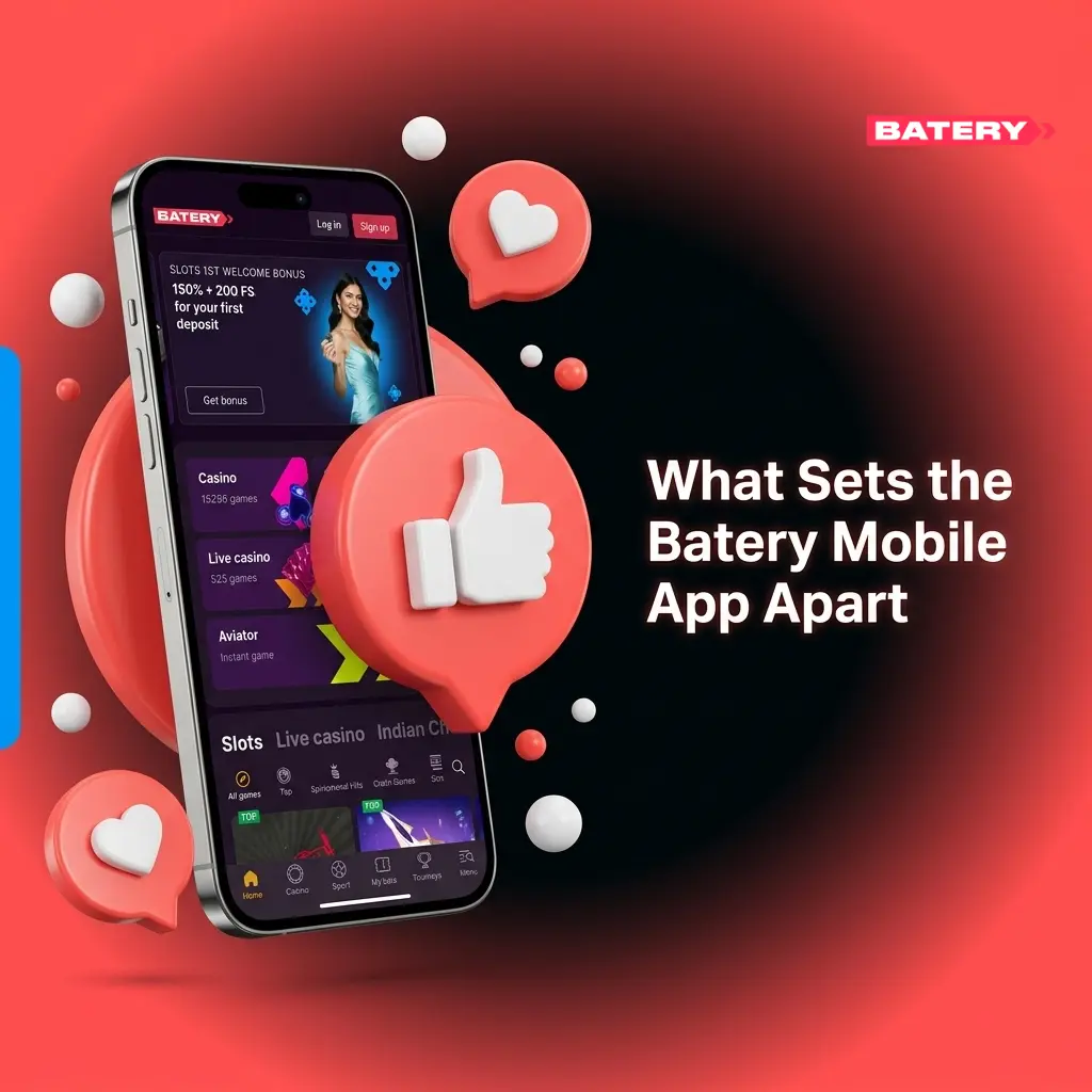Batery mobile app features for Indian players including UPI payments, INR support, casino games and cricket betting